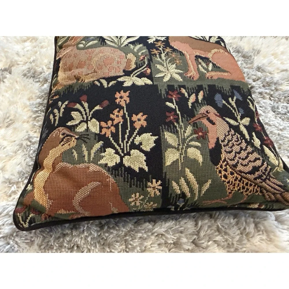 Vintage Millefleurs Tapestry Pillow Hunting Dog Rabbit Bird 12x12 Accent Cushion